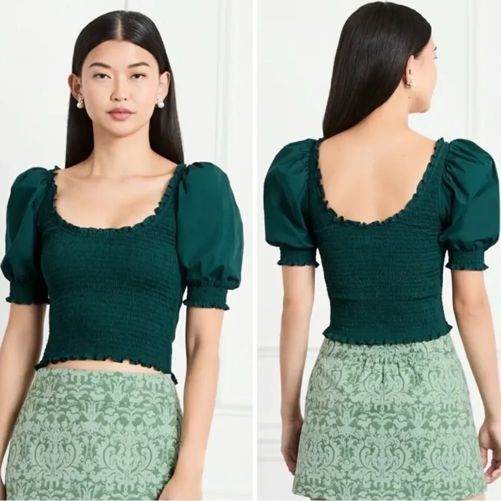 Hill House Dark Green Puff Sleeve Blouse NWOT